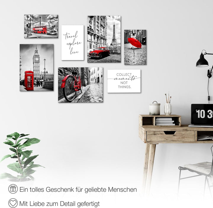 Novart Wandbilder London Paris Städte - KOMPLETT AUFHÄNGFERTIG - Schwarz Rot Wohnzimmer Schlafzimmer