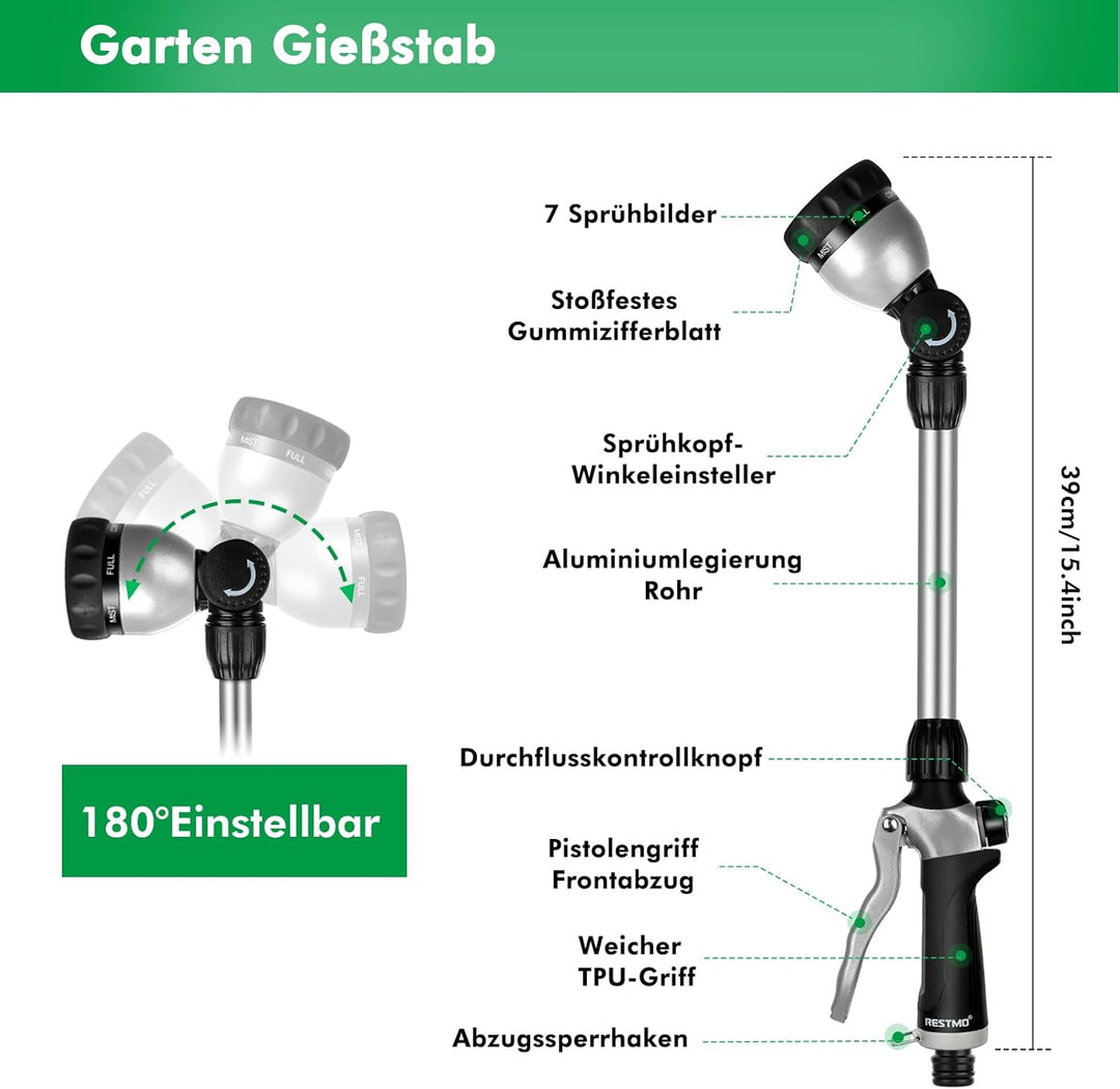 RESTMO Garten Giessstab Metall, 42cm Lang Gartenbrause mit Stiel, 180° schwenkbaren Kopf Stabbrause