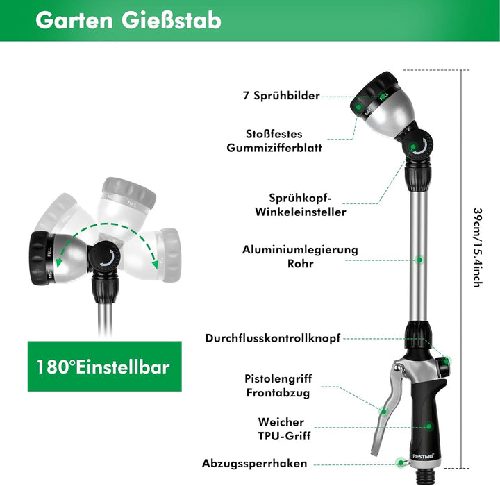 RESTMO Garten Giessstab Metall, 42cm Lang Gartenbrause mit Stiel, 180° schwenkbaren Kopf Stabbrause