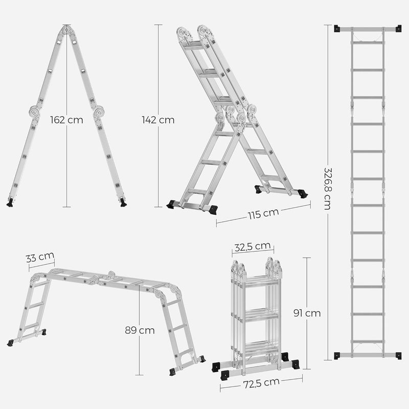 SONGMICS Leiter, Mehrzweckleiter, Trittleiter, Aluleiter, Haushaltsleiter, 4 x 3 Stufen, bis 150 kg,