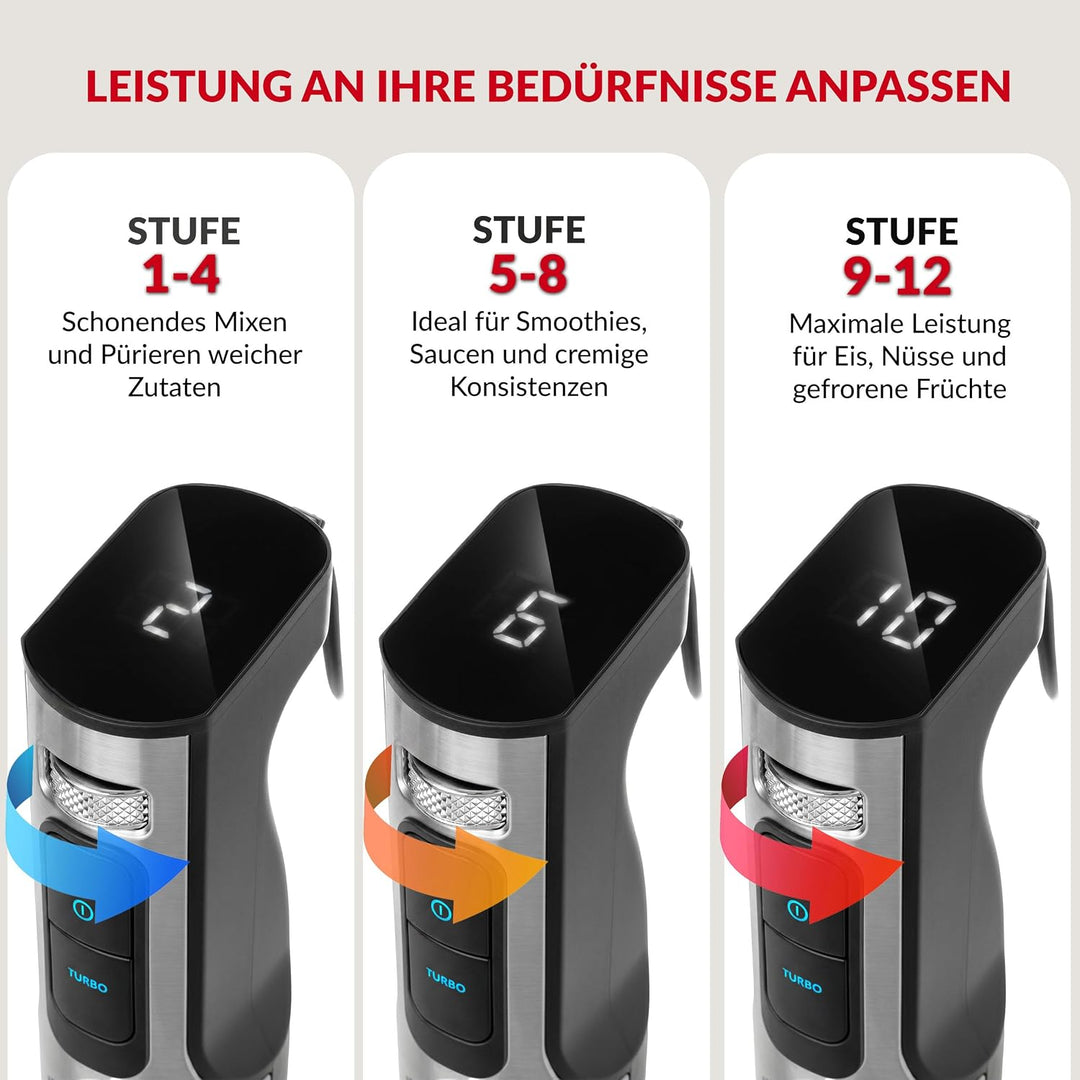LEHMANN Stabmixer 2000 Watt, 12 Geschwindigkeitsstufen & Turbo-Funktion, Edelstahlklingen, Digitales
