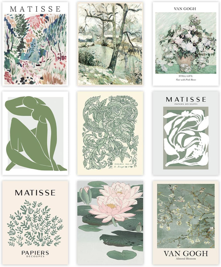 Flower Wall Art, Blumenposter Vintage Blassgrün, Sage Green Matisse Wall Art Set 9 / Minimalist Unfr