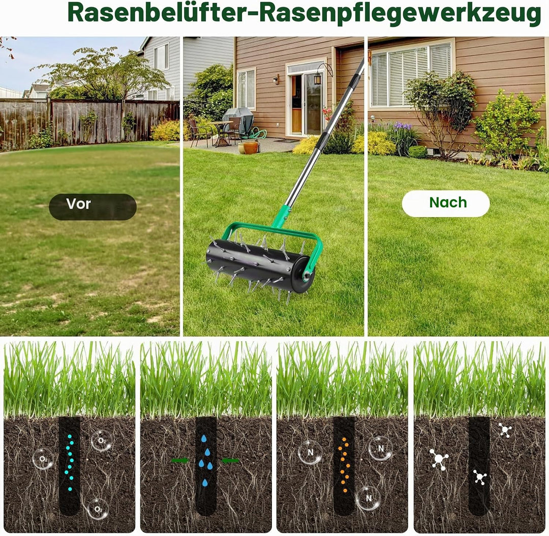 Rasenlüfter Walze Manuell 38 x 180 cm, Rasenrolle mit 4cm Nägeln &amp; Verstellbarem Stiel, Rollender Ra