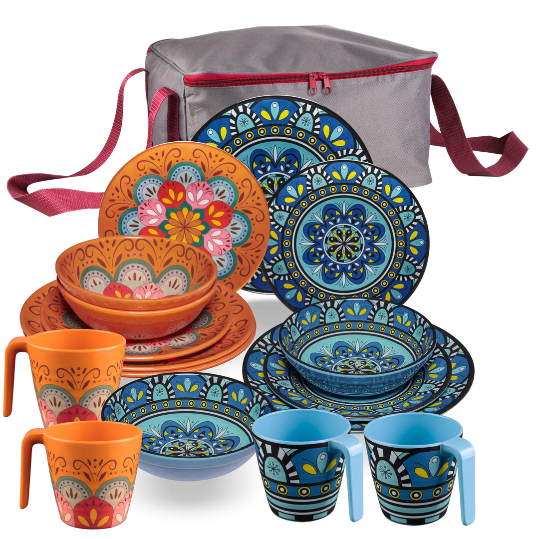Melamin Geschirr Set Toskana Pastel für 4 Personen - Orange-Blau - Mandala-Optik Spülmaschinengeeign