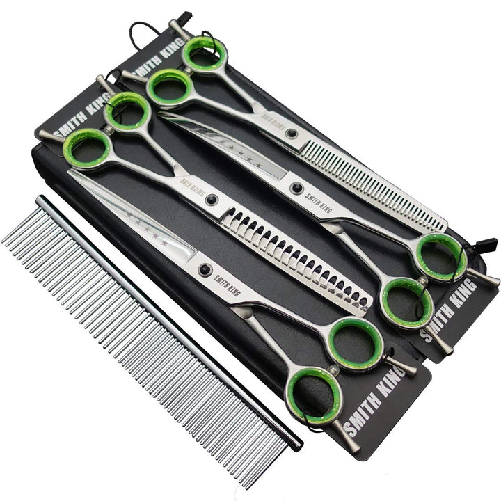 7,0 Zoll Professional Dog Grooming Scissors Set Gerade & Ausdünnen & Gebogen & Chunker & Kamm 5 Stüc