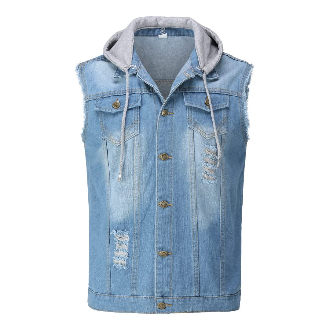 YOUTHUP Weste Herren Denim Weste mit Kappe Regular Fit Zerrissen Jeansweste Ärmellose Freizeitweste