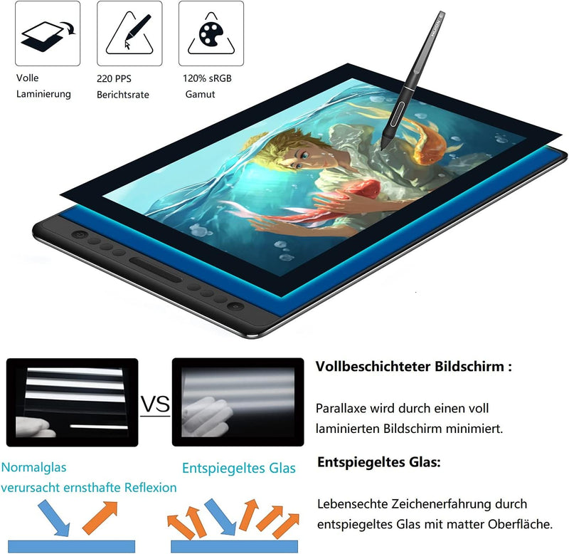 HUION Kamvas Pro 16 Grafiktablett mit Display Drawing Tablet mit Tilt-Funktion und 6 Drucktasten+1 T