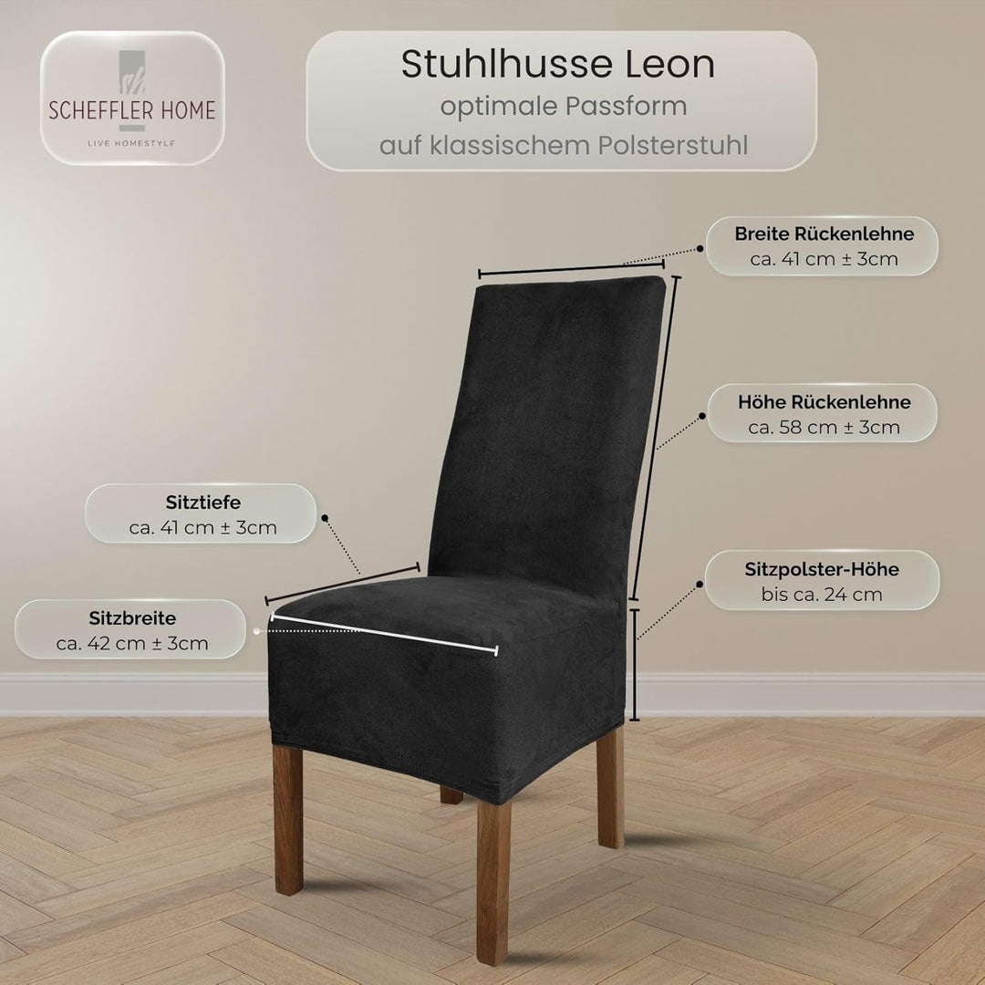 SCHEFFLER-Home Stuhlhussen 4er Set Leon Schwarz/elastische Wildleder Hussen für Stühle/Robustes Frei