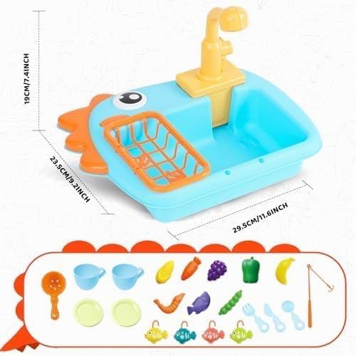 Küchenspüle Spielzeug Set mit Angelspiel, Kinderspüle mit Fliessendem Wasser, Spülbecken Kinderküche