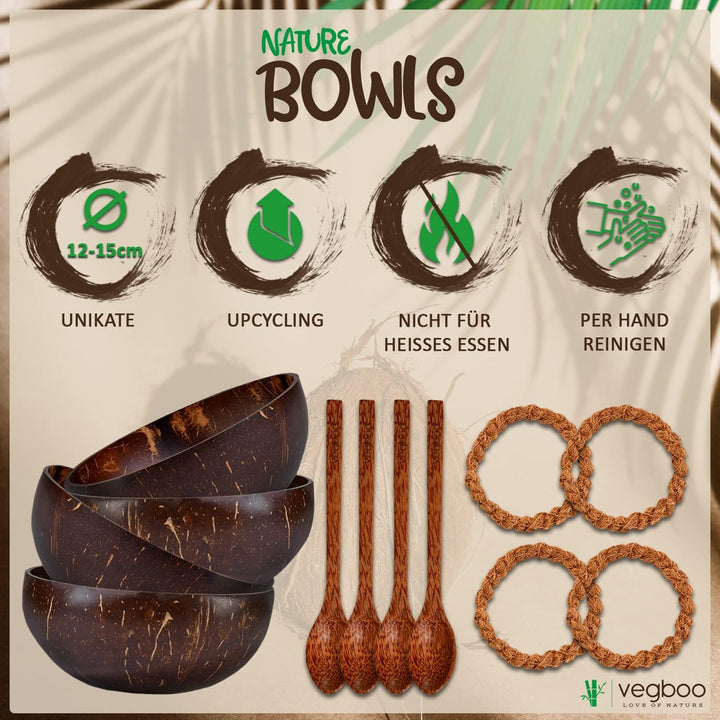 vegboo® Kokosnuss Schalen Set – 4er Set (14-teilig) mit Löffeln, Untersetzern & Jutebeutel – Handgef