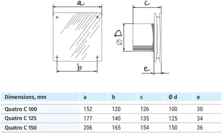 Blauberg Badlüfter mit Nachlauf Quatro C - Ø150mm - Weiss - Kompakter Ventilator für Badezimmer - Vi
