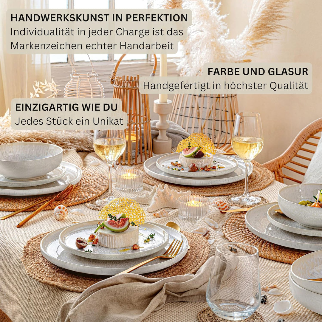 SÄNGER | Geschirrset Korfu 12 tlg, Tafelservice 4 Personen, Steingut Geschirr Handmade, Teller Set i