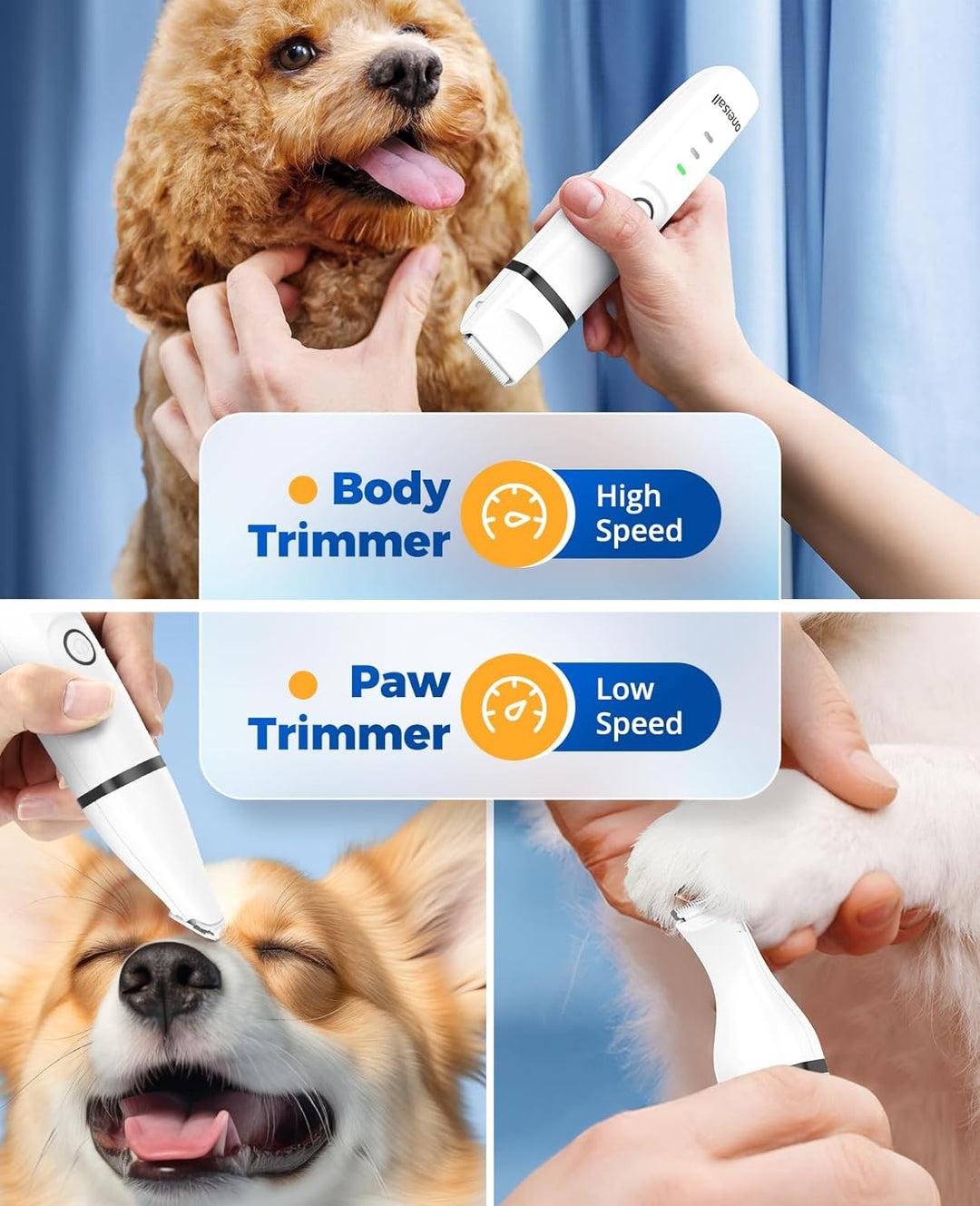oneisall 4 in 1 Leise Schermaschine Hund Katze, Wiederaufladbar Hundeschermaschine & Pfotentrimmer &