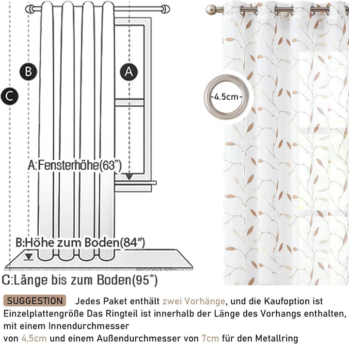 TOPICK Sheer Vorhang Voile Gardinen mit Ösen Blätter Stickerei lichtdurchlässig Ösenschal Gaze Paari