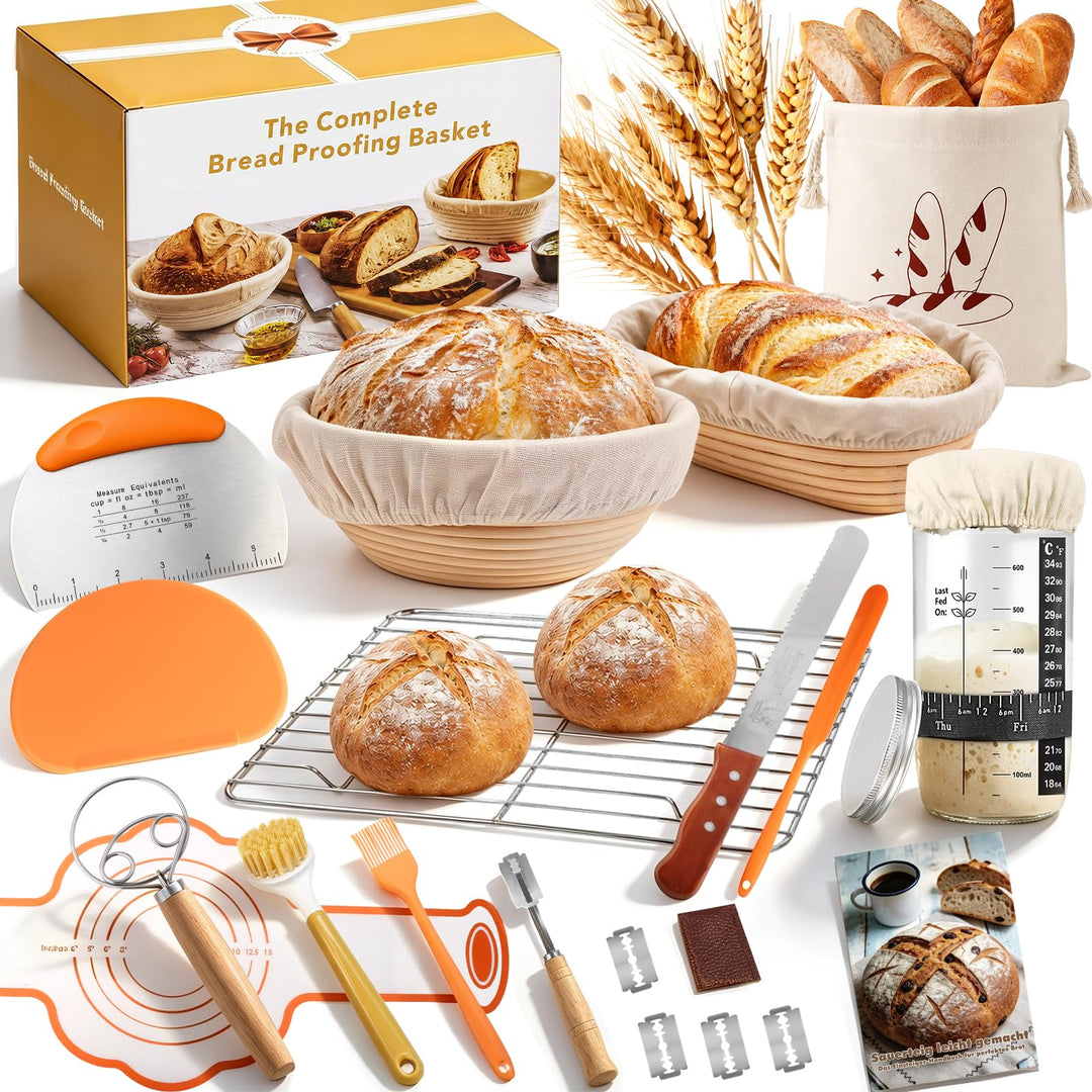 Sauerteig Starter Set mit 2 Gärkörbchen, Brotbackzubehör für Hobbybäcker | Brot Gärkorb Set mit Gärk