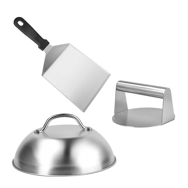 Relaxdays Smash Burger Set, 3-teilig, Burgerpresse mit Schmelzglocke & Grillspachtel, Patty Maker, E