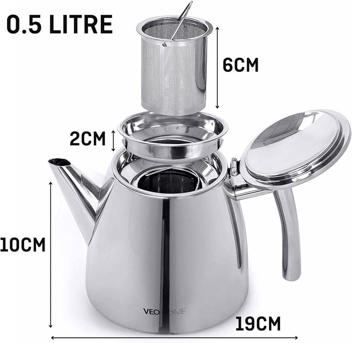 Teekanne aus rostfreiem Edelstahl (0,5L) - Mit Tee-Ei für losen Tee Siebeinsatz - Die doppelwandige