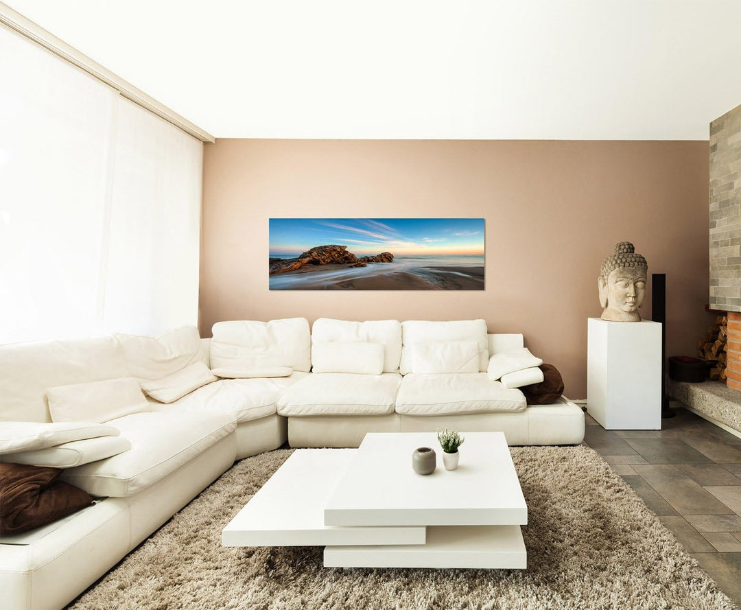 Paul Sinus Art Panoramabild auf Leinwand und Keilrahmen 120x40cm Kalifornien Strand Felsen Sonnenunt