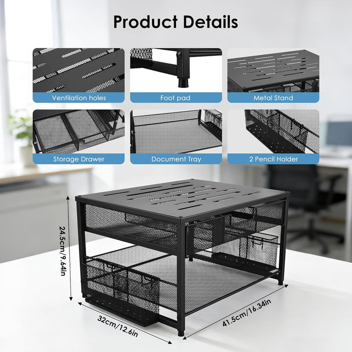 Monitorständer, Schreibtisch Organizer aus Metall mit Schublade &amp; 2 Stifthaltern, ergonomische Monit