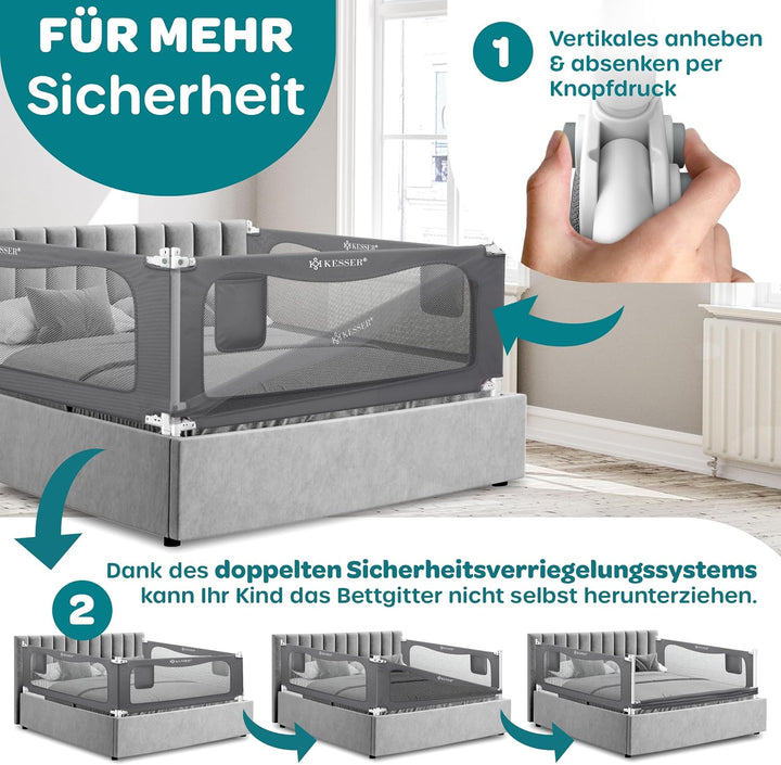KESSER® Bettschutzgitter 180 cm, Bettgitter Kinderbett höhenverstellbar | Rausfallschutz Bett für Ba