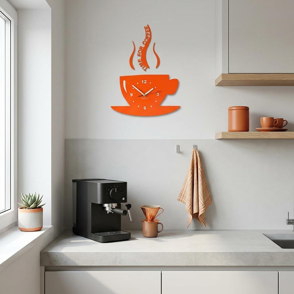 FLEXISTYLE Tasse Time for Coffee Moderne Küche (Zeit für Kaffee) Wanduhr, orange, 3D römisch, wanduh