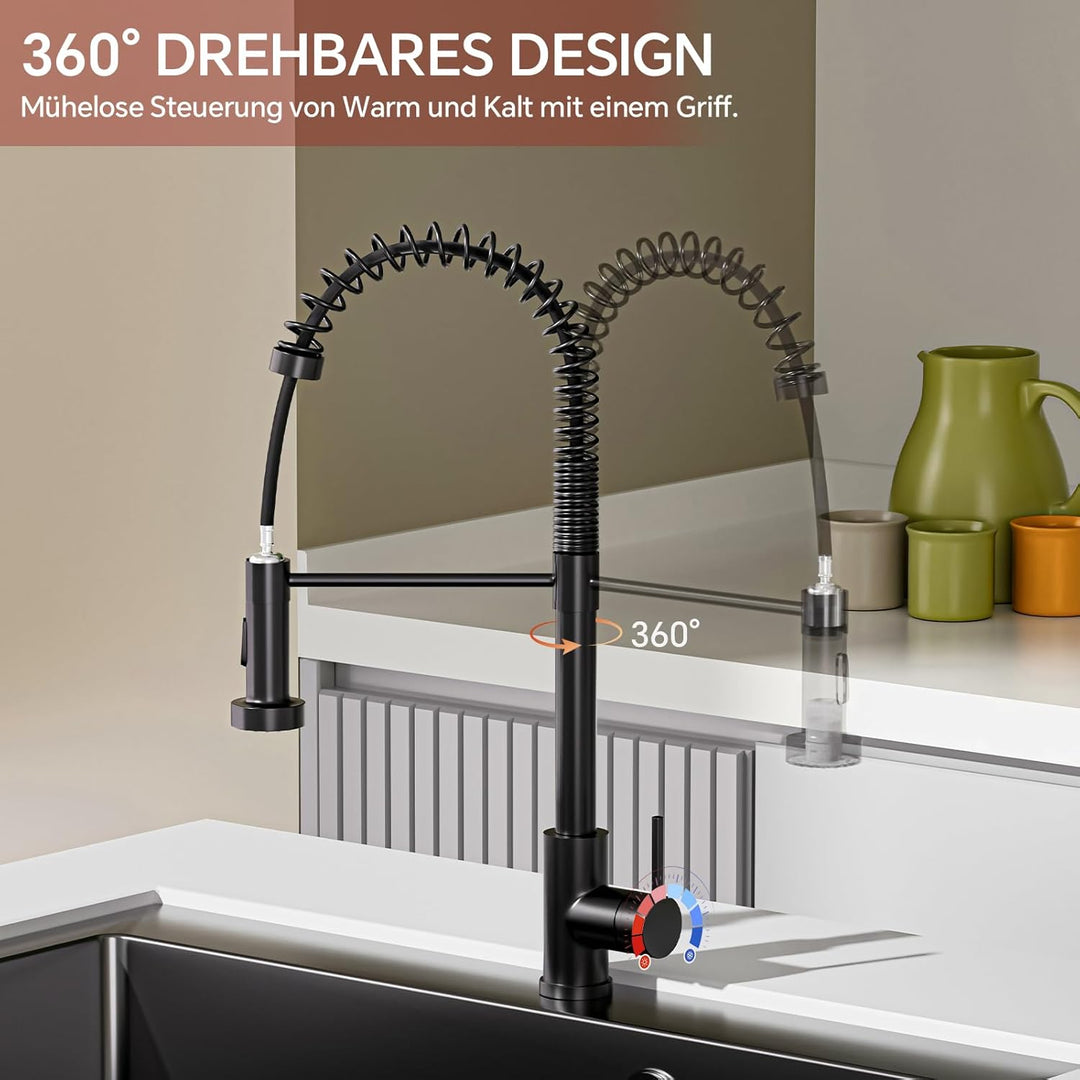 Spiralfeder Wasserhahn Ausziehbar, Hochdruck Küchenarmatur mit Brause, mit 2 Strahlarten, 360° Drehb