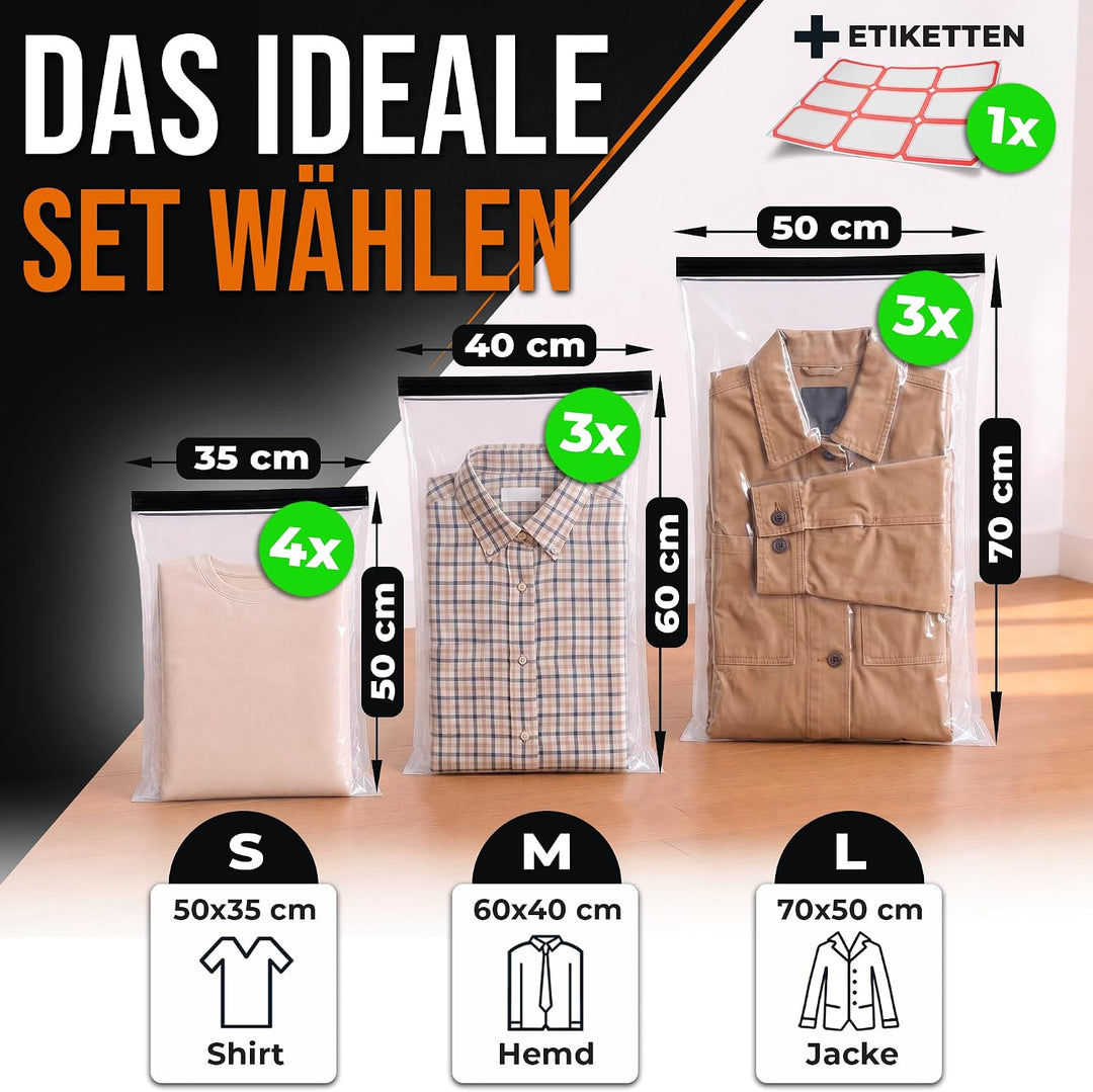 Vakuumbeutel Reise zum Rollen I 10 STÜCK: 3x 70x50cm/ 3x 60x40cm/ 4x 50x35cm I Vakuumbeutel für Klei