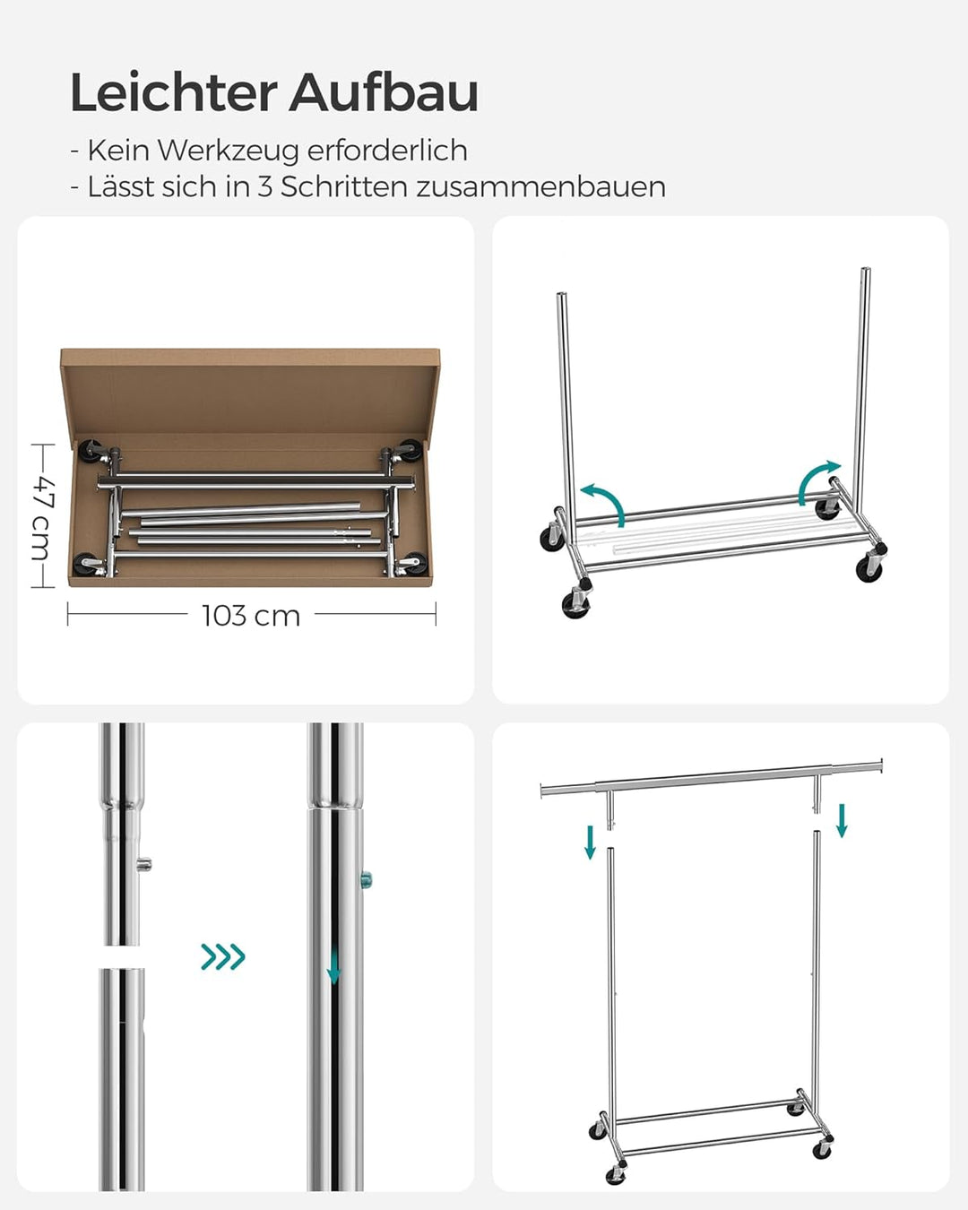 SONGMICS Schwerlast-Kleiderständer, Kleiderstange auf Rollen, bis 90 kg belastbar, mit ausziehbarer