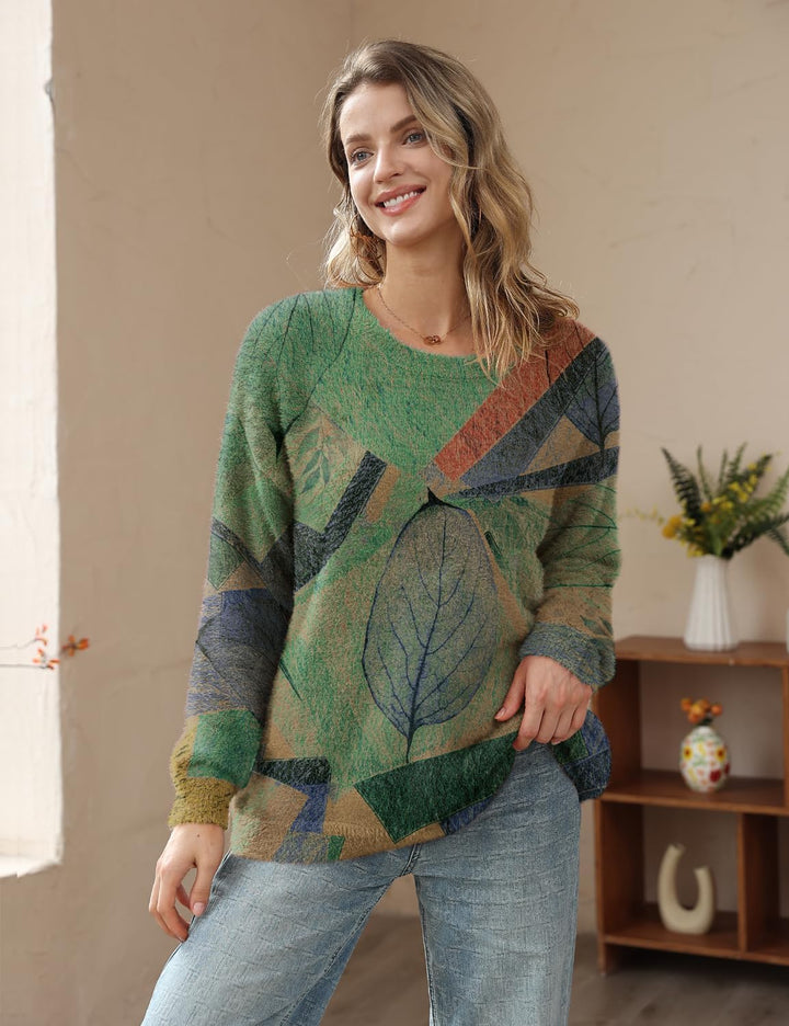Janein Damen Pullover Oversize Lang Strickpullover Herbst Winter Rundhals Sweater mit Blumenmuster W