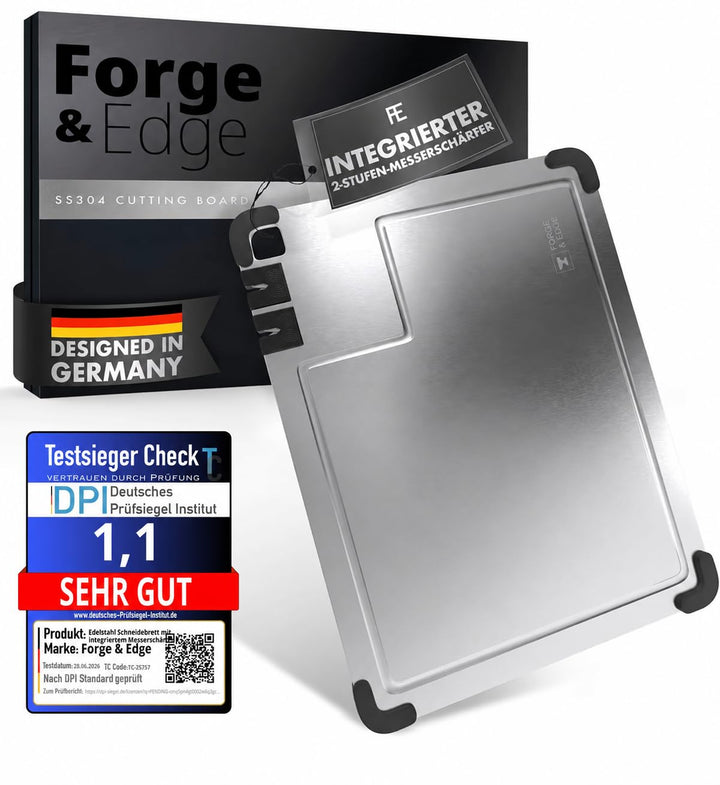 FORGE & EDGE Schneidebrett Edelstahl - Premium cutting board mit integriertem Messerschärfer, Saftri
