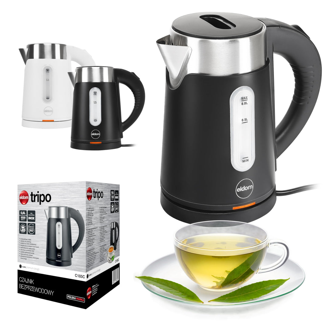 Kabelloser Wasserkocher 0,8L Schwarz – Eldom C185C – Mini Teekocher 1000W mit Abschaltautomatik, 360