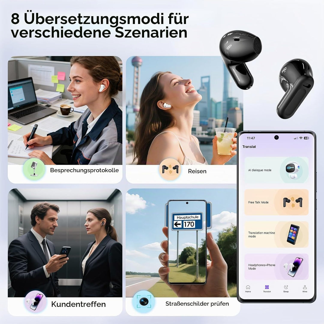 NE20 AI Kopfhörer Übersetzer, 3-in-1 Echtzeit Sprachübersetzer Kopfhörer, 134 Sprachen mit App, 8 Üb