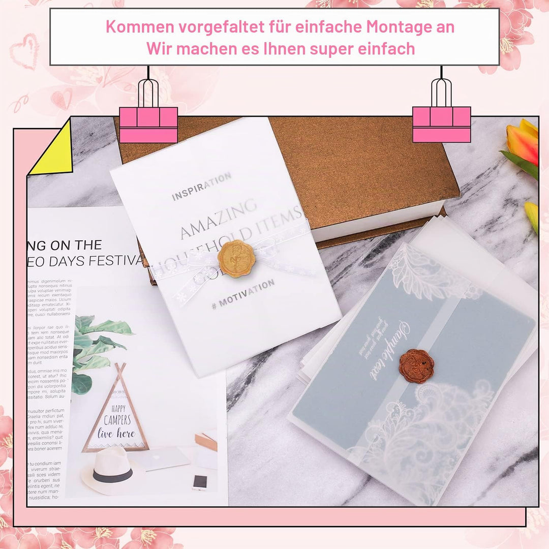 55 Stück Pergamenthüllen für Einladungen im Format 13x18cm, Vorgefaltet Vellum Jacket Durchscheinend
