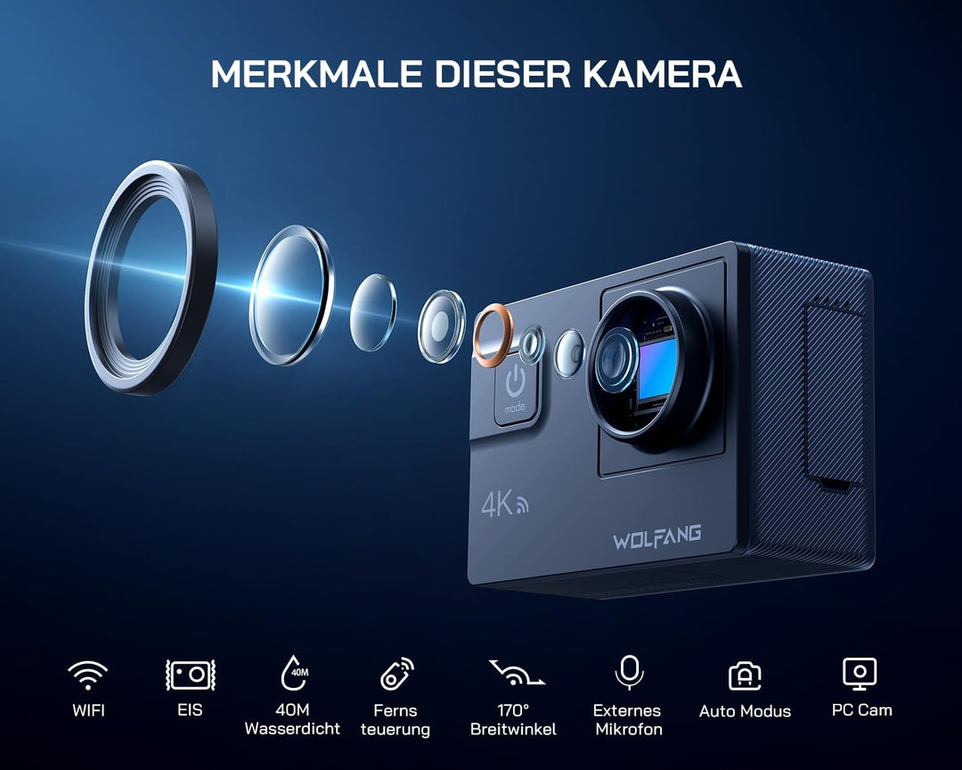 WOLFANG Action Cam,WiFi 4K 60 FPS Neue GA300 Actionkamera,8xZoom 24MP,Unterwasserkamera 40 Meter mi,