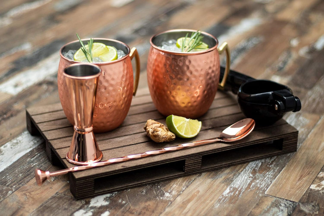 Buddy´s Bar - Moscow Mule Komplett Set, 2 x 500 ml Cocktail-Becher, 27 cm Barlöffel, 5 cl Barmass &