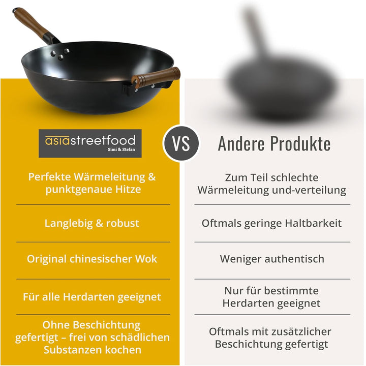 Der perfekte Wok, Ø 33cm – Robuster Carbonstahl-Wok mit flachem Boden - Holzgriff – Geeignet für Gas