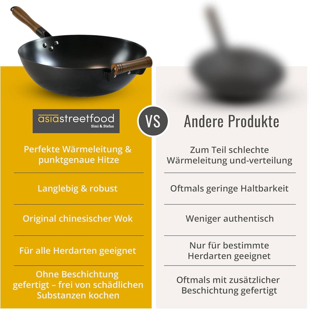 Der perfekte Wok, Ø 26cm – Robuster Carbonstahl-Wok mit flachem Boden - Holzgriff – Geeignet für Gas