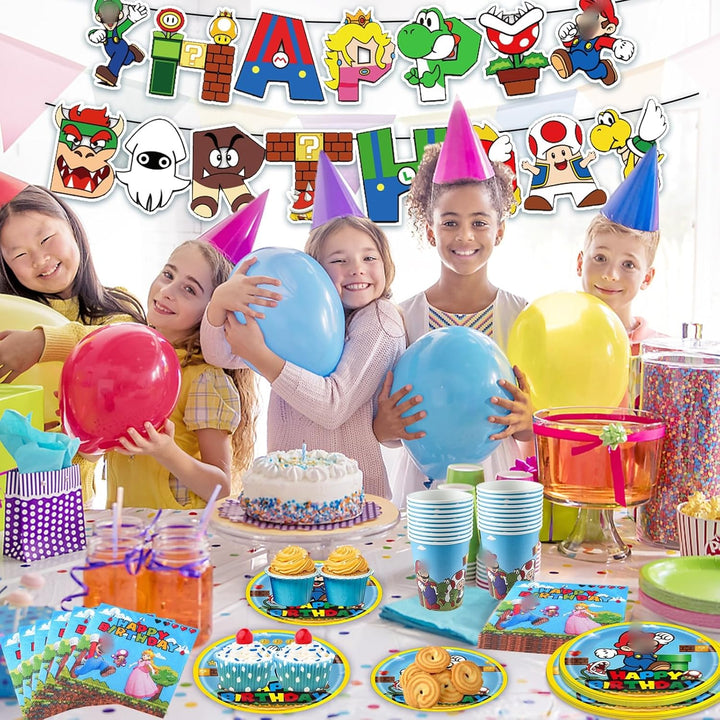 Super Bros Pappteller Kindergeburtstag Deko Junge Mädchen- Mari Geburtstag Geschirr Set Geburtstagsd