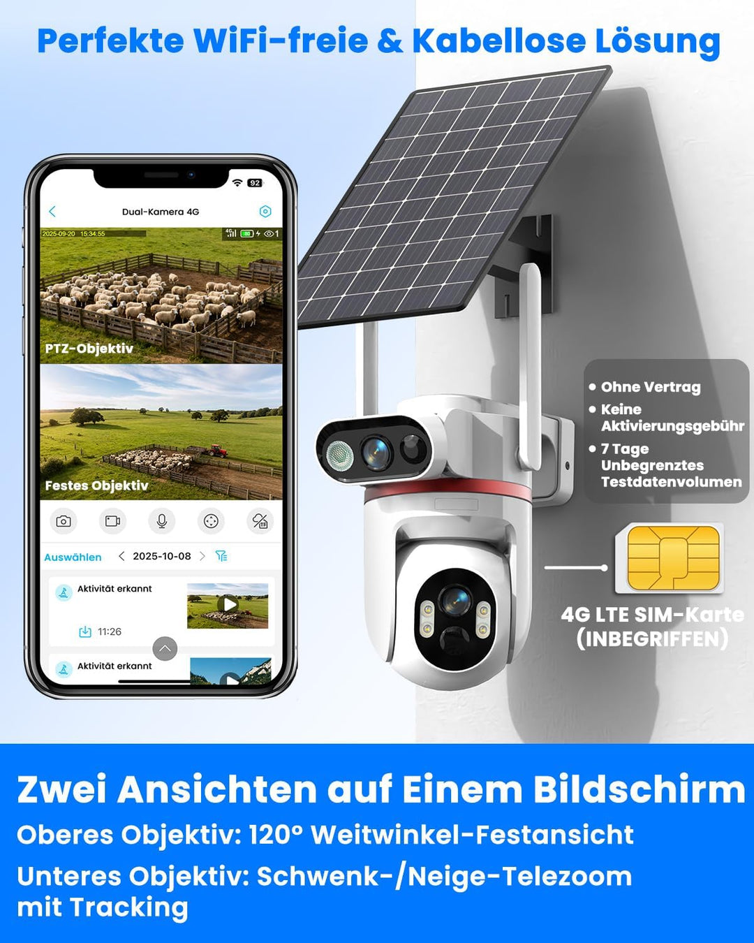 UCOCARE Überwachungskamera Aussen Solar, 4G LTE Überwachungskamera mit SIM Karte, 4MP Dual-Kameras,