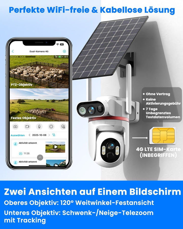 UCOCARE Überwachungskamera Aussen Solar, 4G LTE Überwachungskamera mit SIM Karte, 4MP Dual-Kameras,