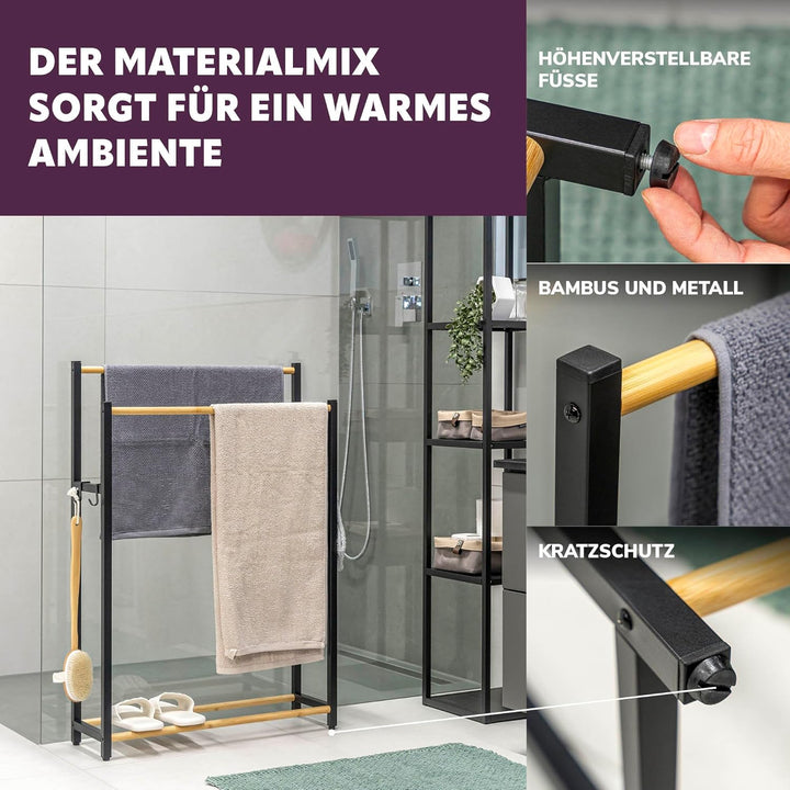 eluno Stand-Handtuchhalter aus Metall mit Bambus, extra grosser freistehender Handtuchständer für gr