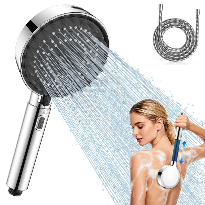 FEELSO Duschkopf mit 1,8 m Schlauch, grosse Duschfläche, 9 cm verlängerbar Silber, Silber