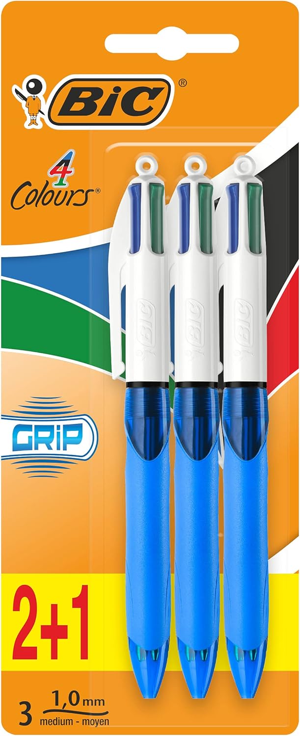 BIC 8899301 4 Colour Grip Kugelschreiber 3 Stück farblich sortiert & 4 Farben Kugelschreiber Set 4 C