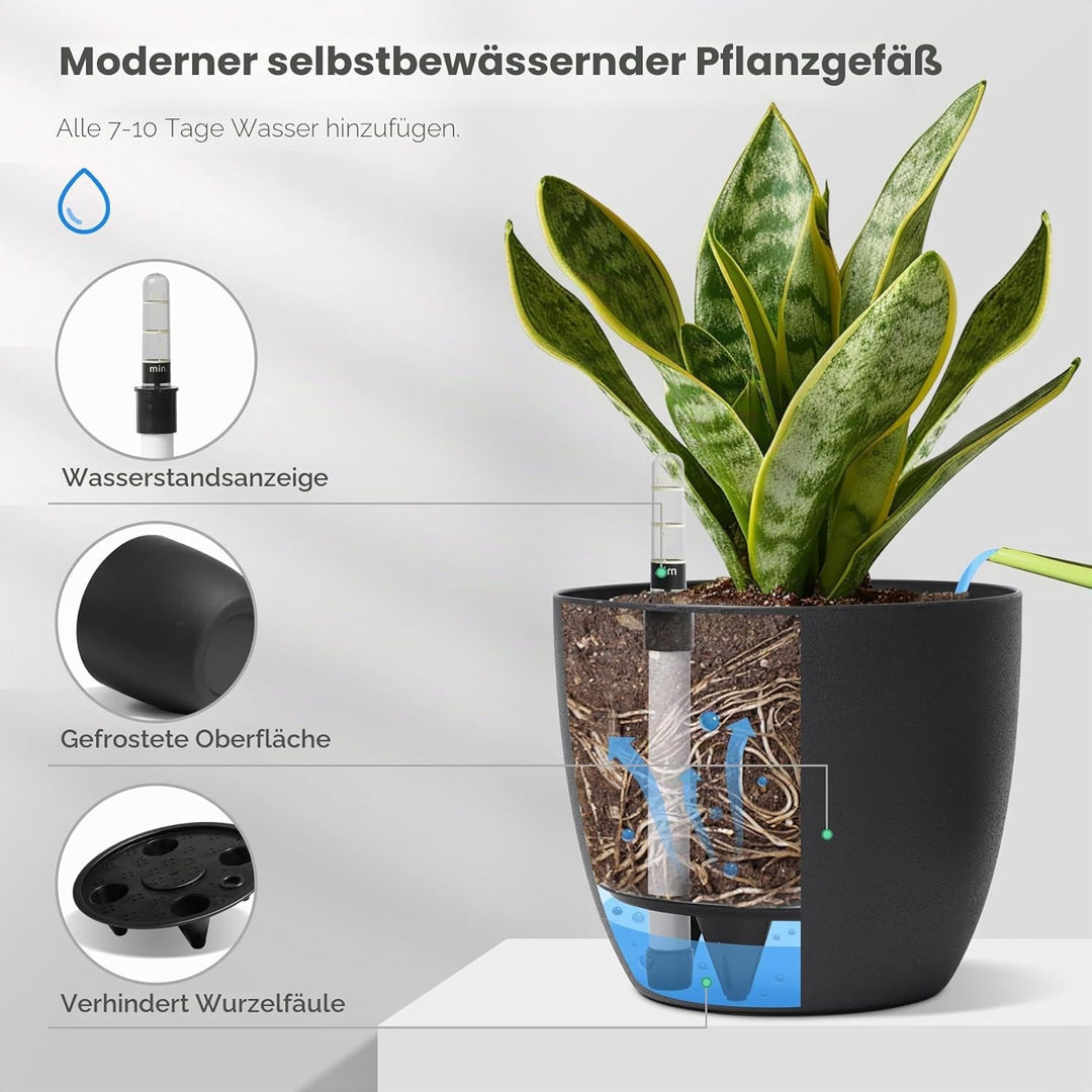 T4U 15cm Selbstwässernder Blumentopf mit Wasseranzeiger Schwarz 4er-Set, Selbstbewässerung Wasserspe
