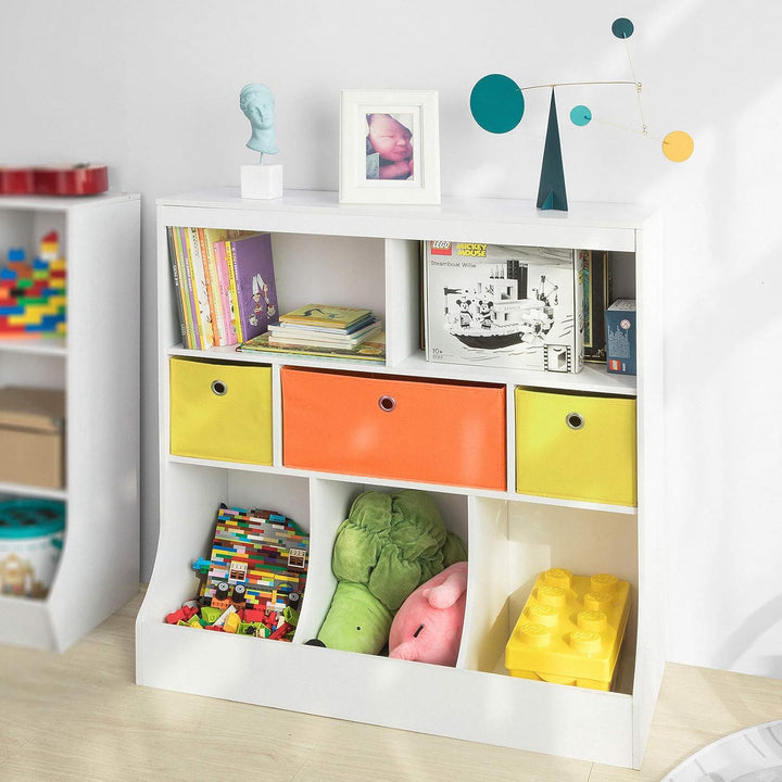 SoBuy KMB26-W Kinder Bücherregal Kinderregal mit 5 Ablagefächern und 3 Stoffboxen Spielzeugregal Auf