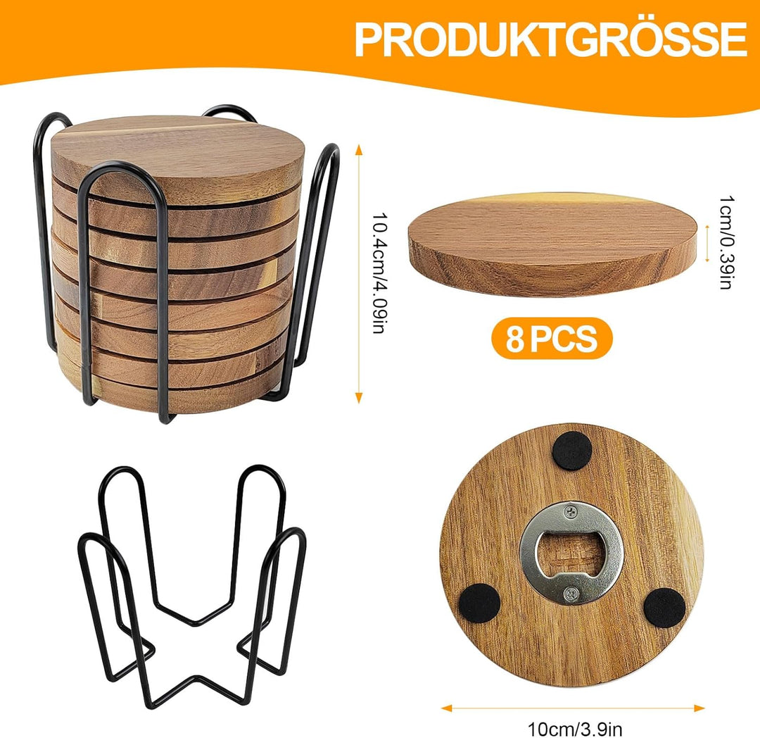 Untersetzer mit Flaschenöffner 8er Set Akazienholz Rund – Multifunktional Holz Untersetzer für Geträ