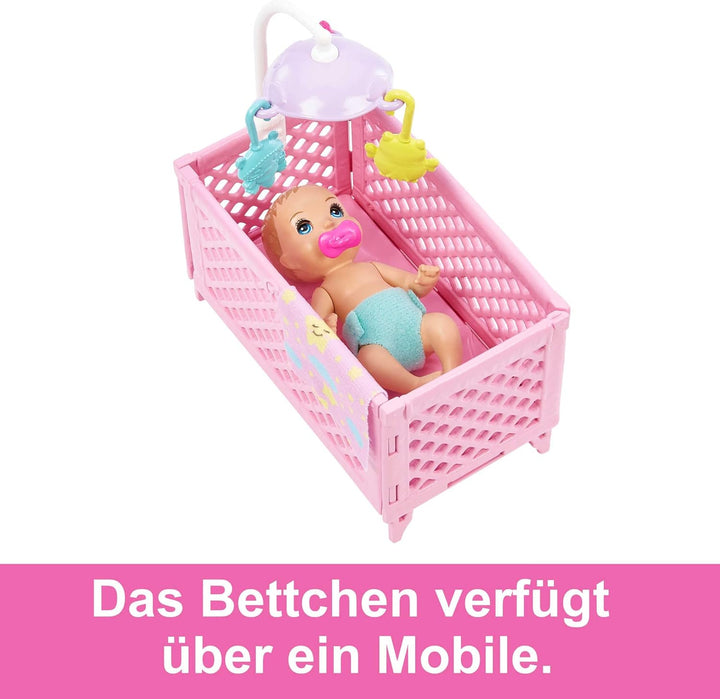 Barbie-Puppe und Zubehörteile, Gitterbett-Spielset mit Skipper-Puppe, Babypuppe mit schläfrigen Auge