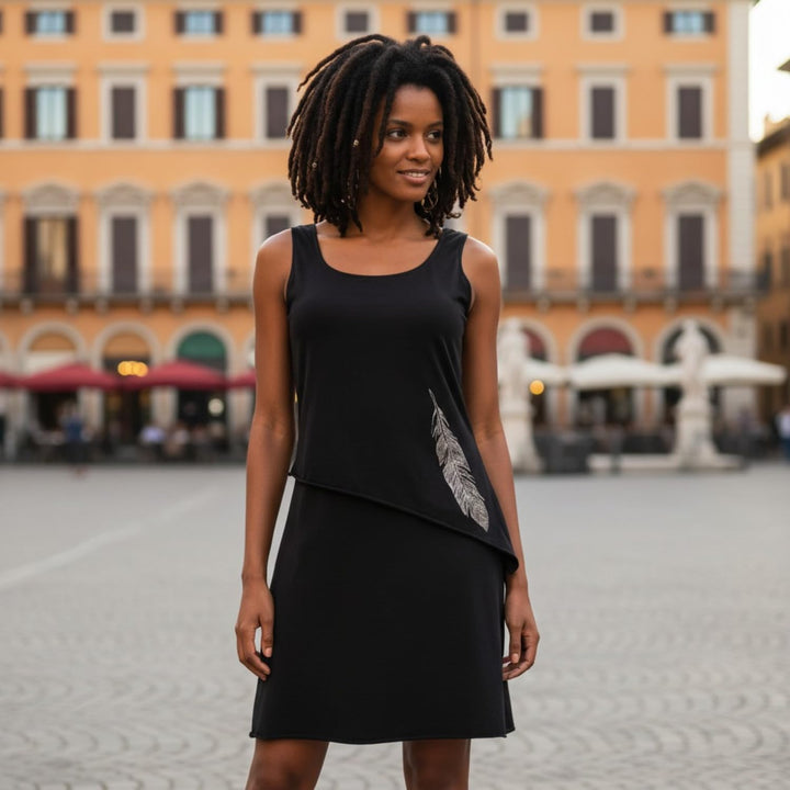 GURU SHOP Minikleid aus Bio-Baumwolle im Lagenlook, ärmelloses Kleid mit Federdruck, Damen 42 Schwar