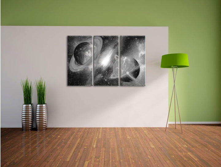 Pixxprint Ausgleich im Weltall Kunst Kohle Effekt 3-Teiler Leinwandbild 120x80 Bild auf Leinwand