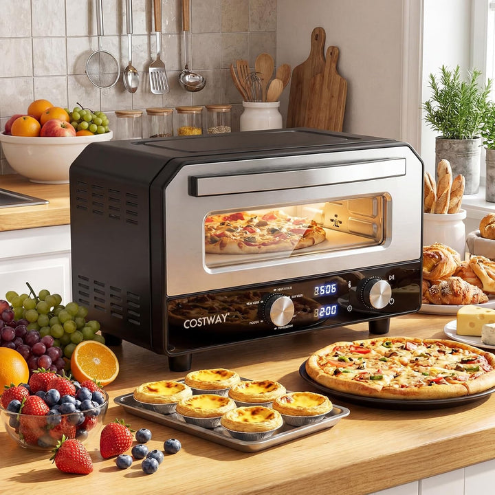 COSTWAY Elektrischer Pizzaofen, Pizza Oven erhitzt bis zu 400℃, Pizzamaker mit 6 Voreinstellungen &